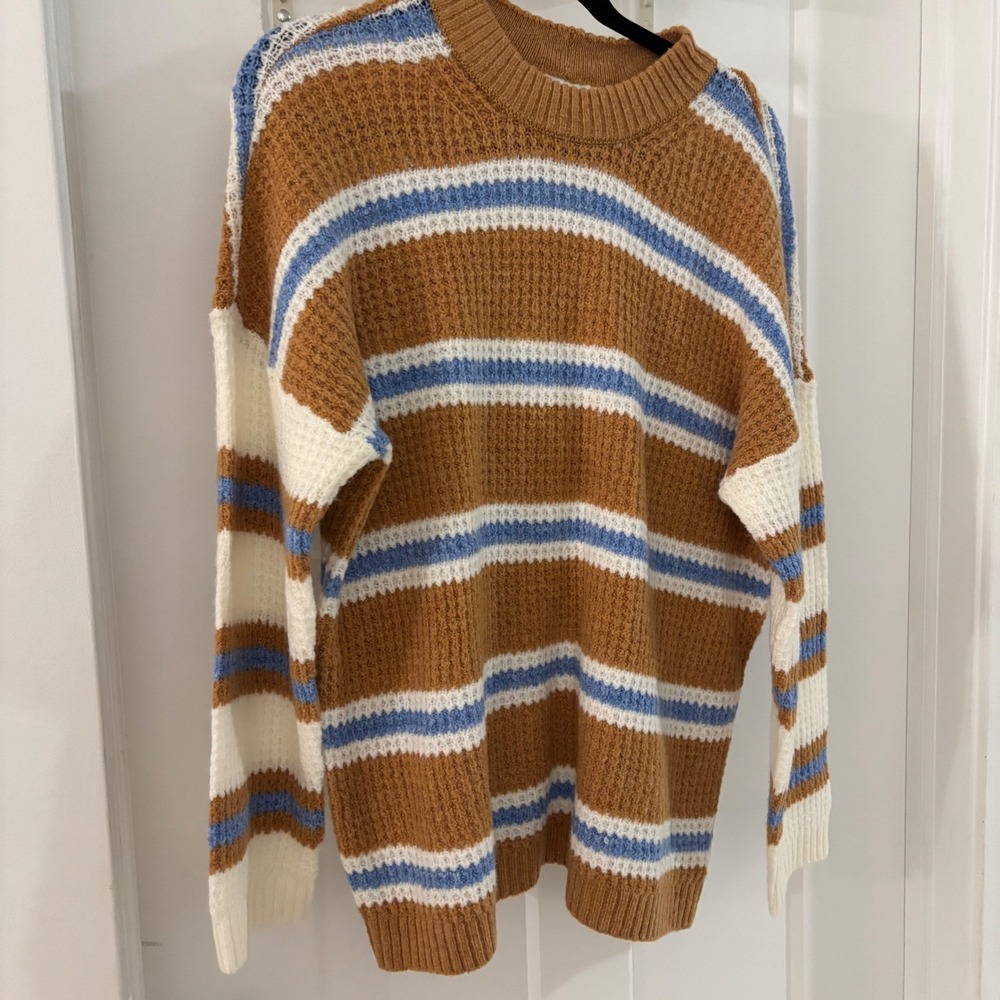 American Eagle Striped Waffle Chunky Thick Knit Sweater Brown Blue White Women's - Picture 2 of 5